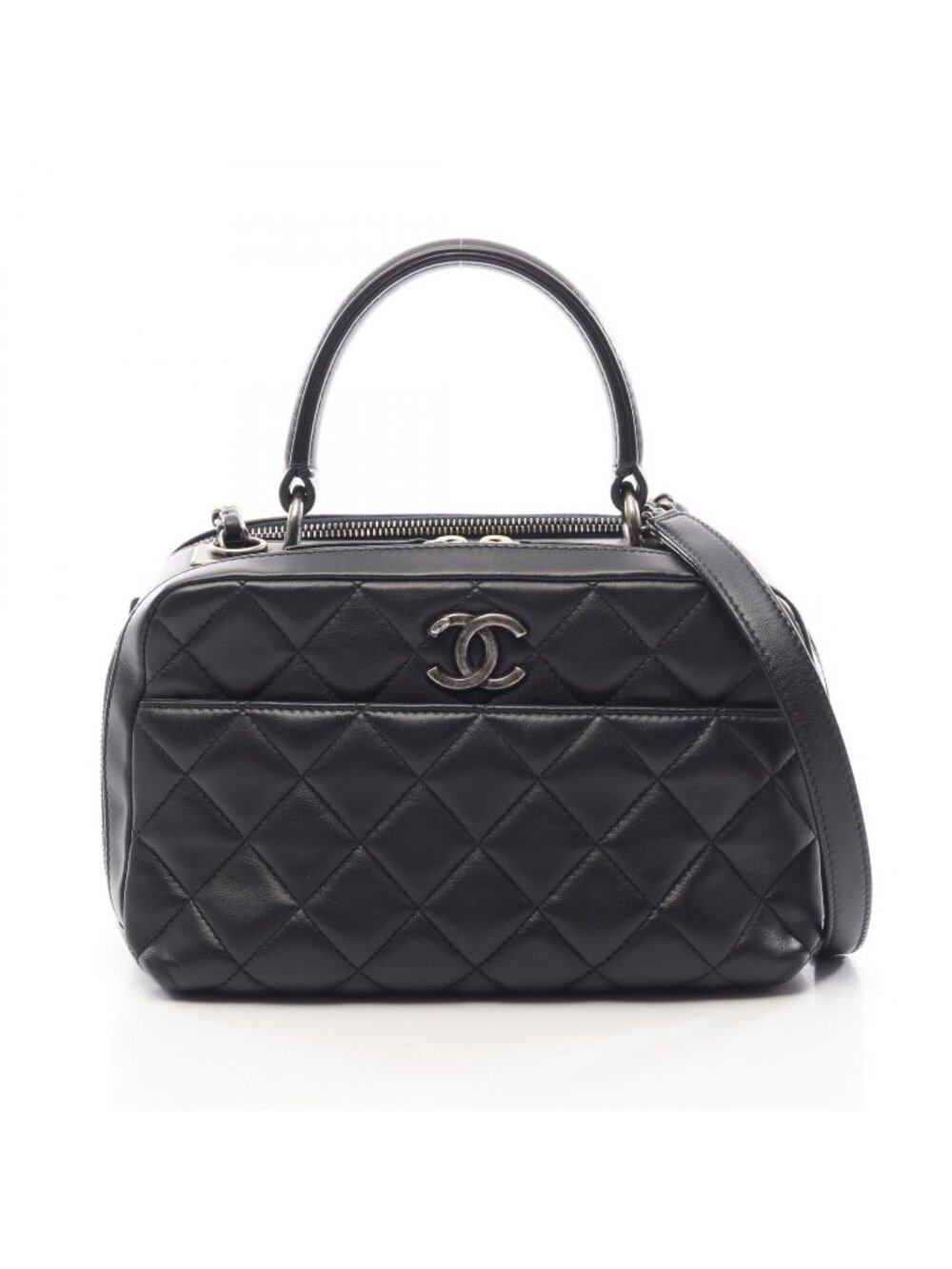 Chanel Shoulder Bag Quilted Antique Silver 2-Way Navy Lambskin